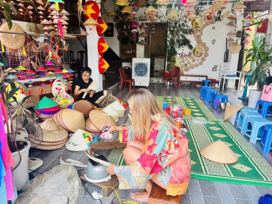 Hanoi: Incense Village, Hat, Lacquer, & City Highlights Tour - Painting a conical hat in Chuong village